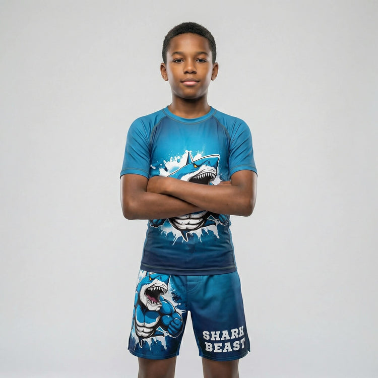 Blue Shark Beast kids' fight shorts for BJJ training