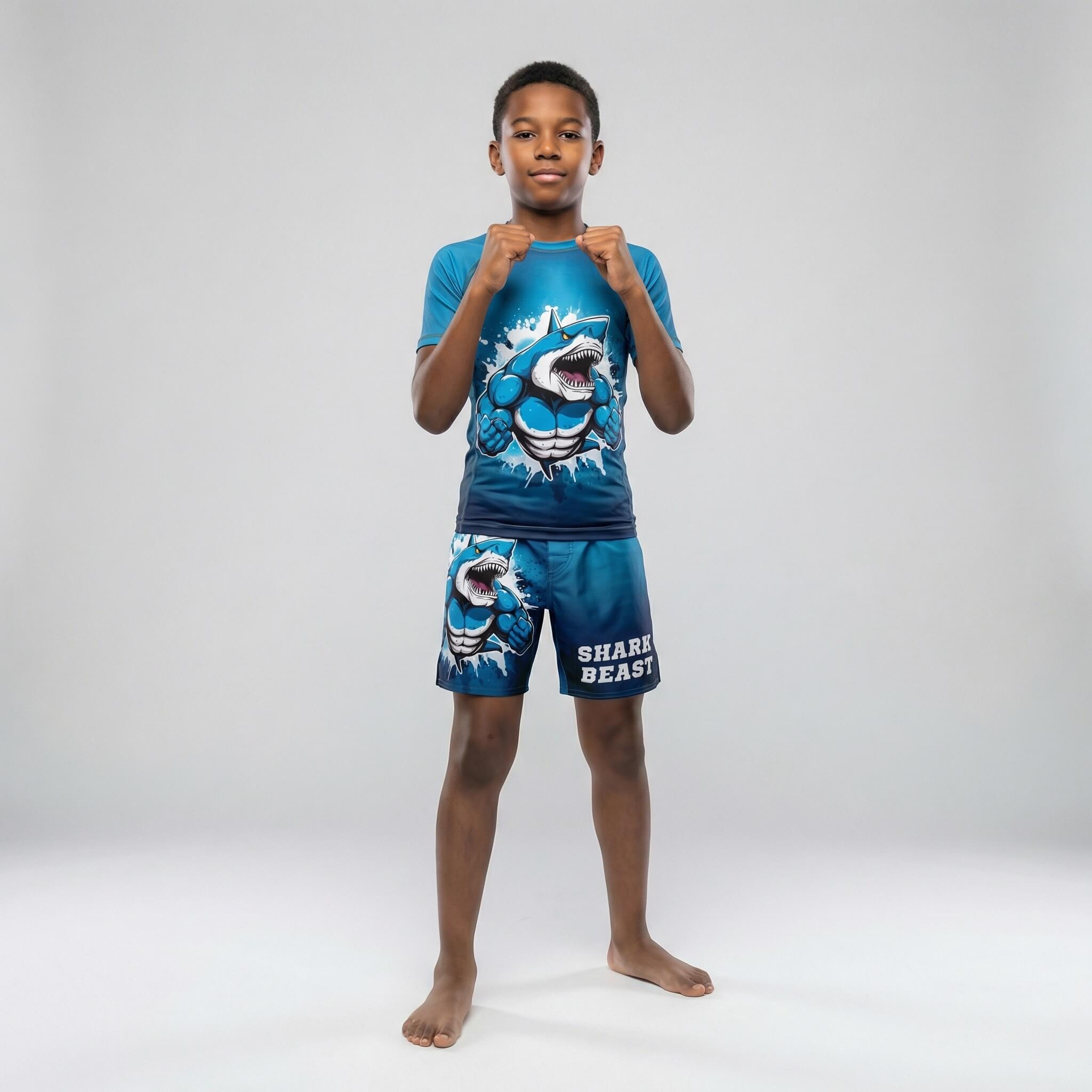 Blue Shark Beast fight shorts for kids' BJJ and MMA training