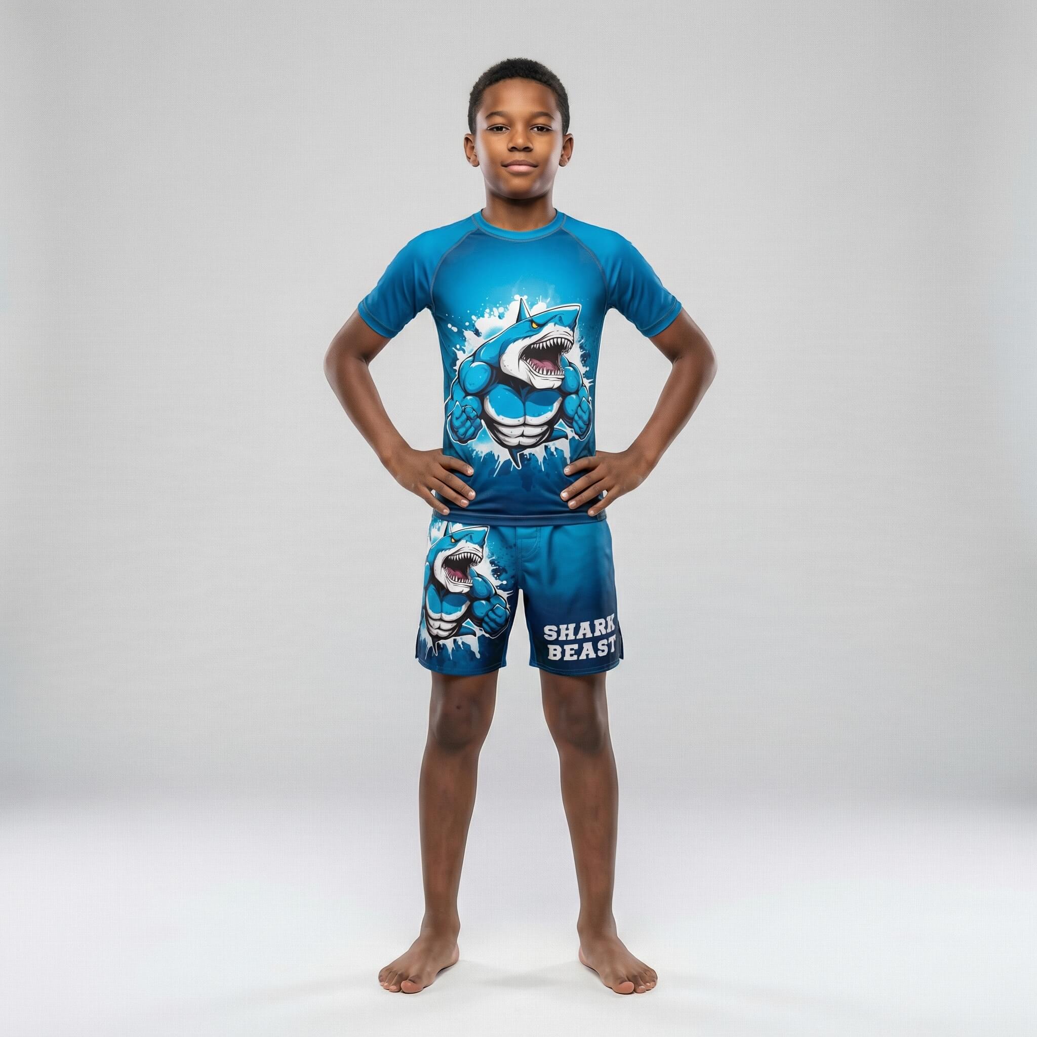 Kids' Blue Shark Beast short sleeve rash guard for BJJ athletes