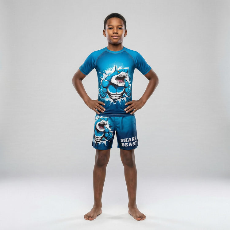 Kids' Blue Shark Beast short sleeve rash guard for BJJ athletes