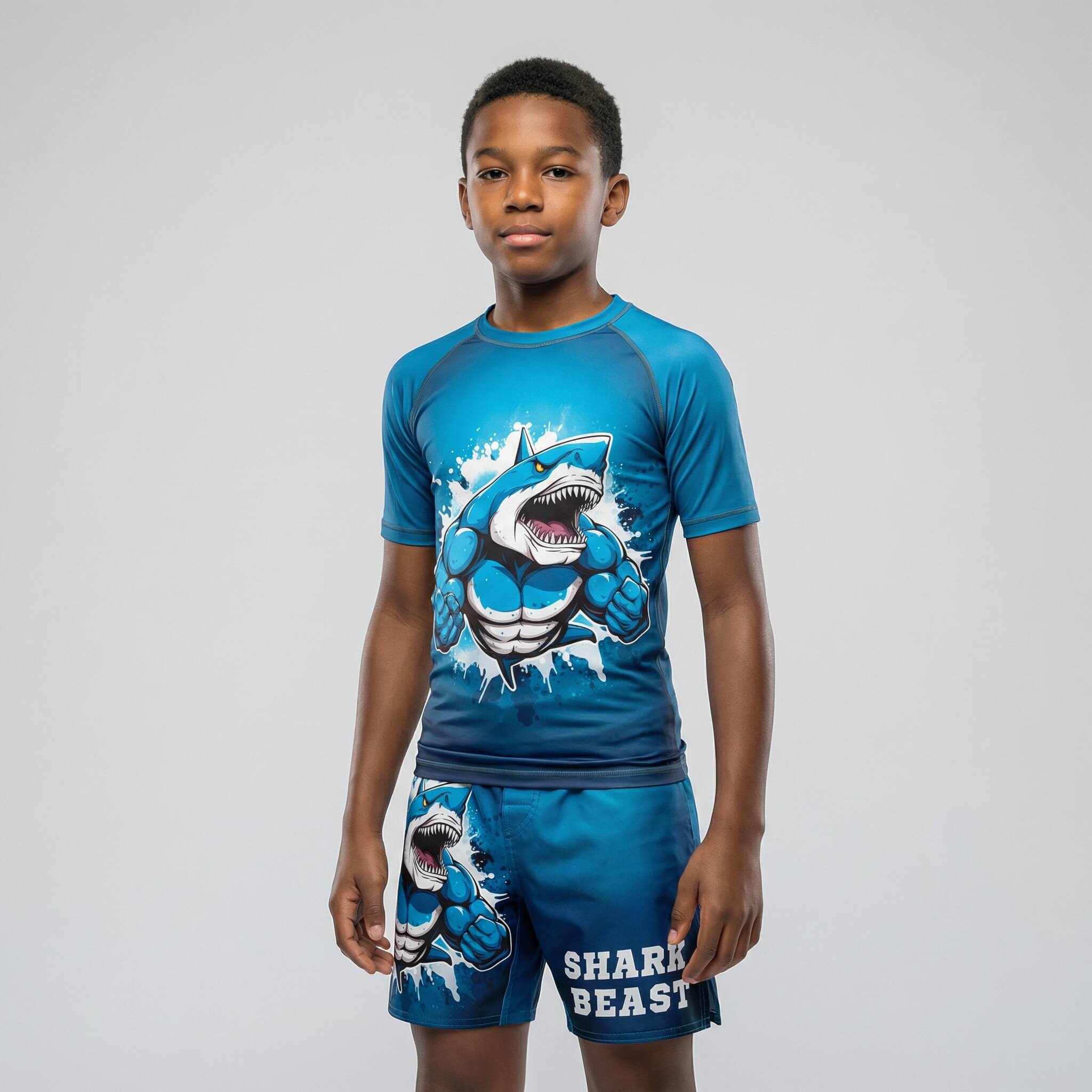 Blue Shark Beast kids' short sleeve rash guard for BJJ and MMA