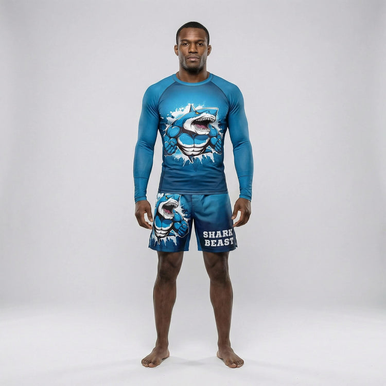 Rash guard in blue with shark beast design for BJJ and MMA