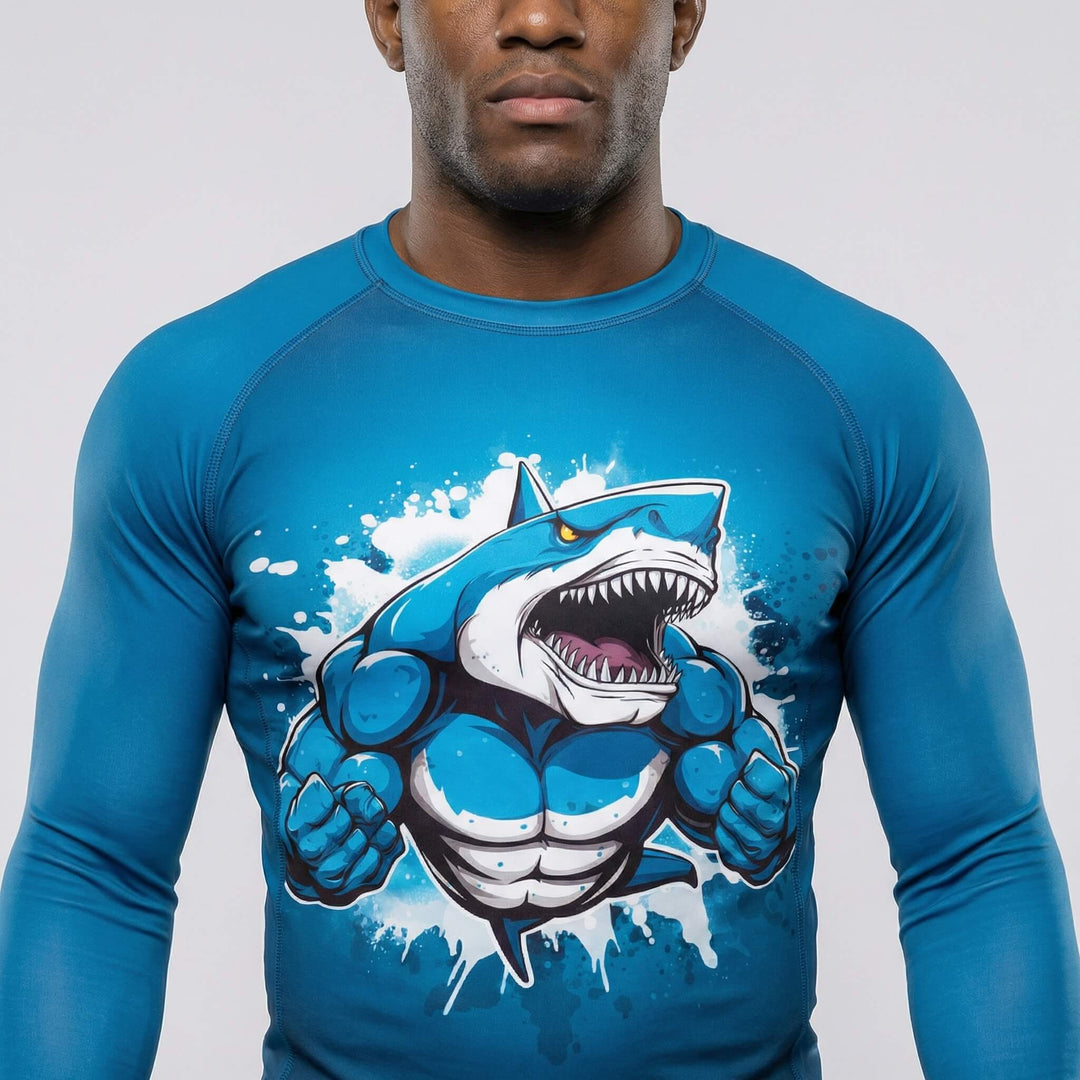 Blue long sleeve rash guard with shark beast print for BJJ and MMA