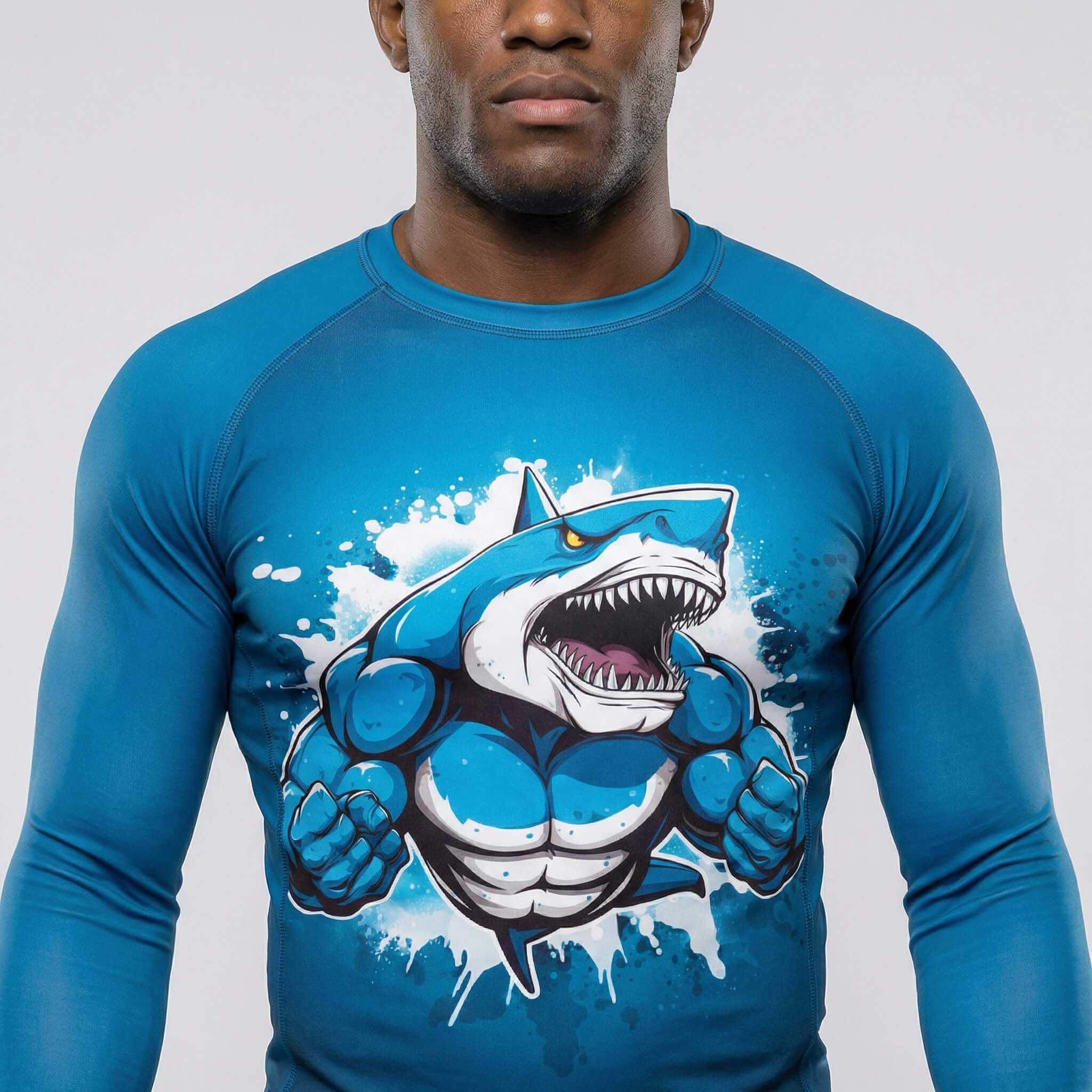Blue long sleeve rash guard with shark beast print for BJJ and MMA