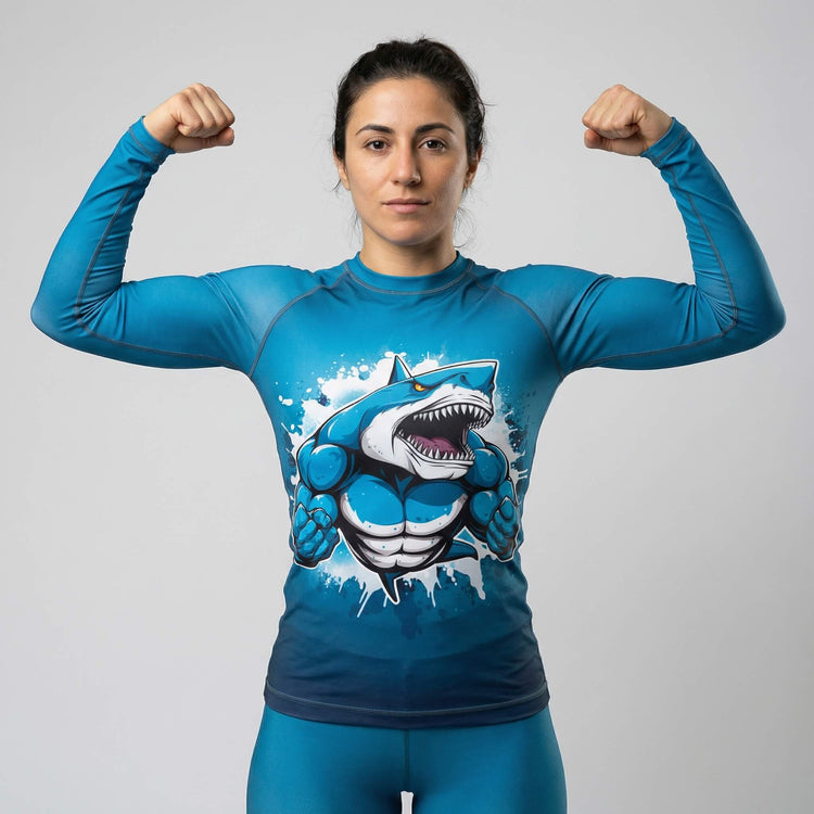 Women’s performance rash guard with Shark Beast design