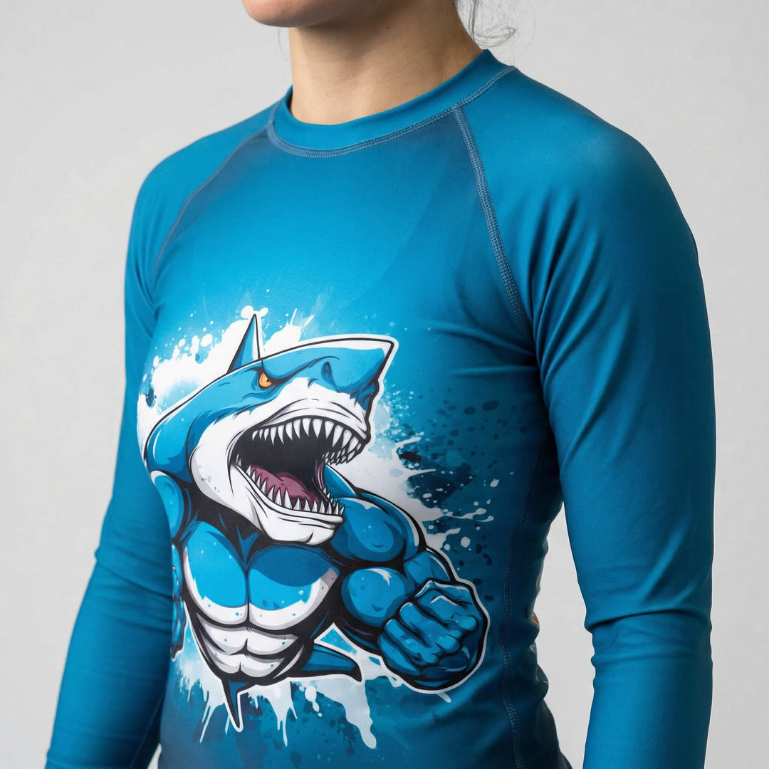 Shark Beast women’s long sleeve rash guard for BJJ and MMA