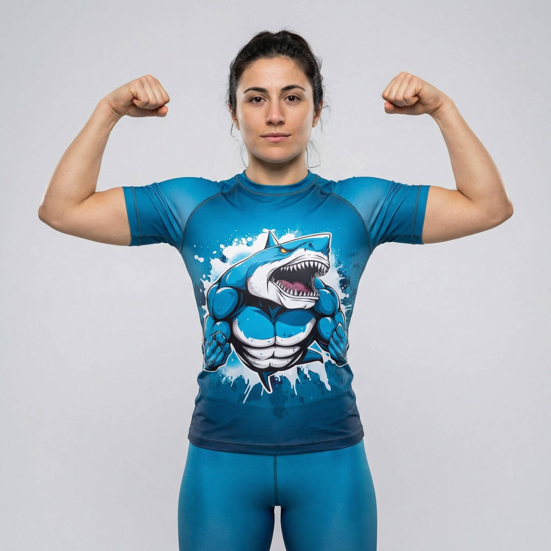 Women’s short sleeve rash guard with Shark Beast design for BJJ and MMA