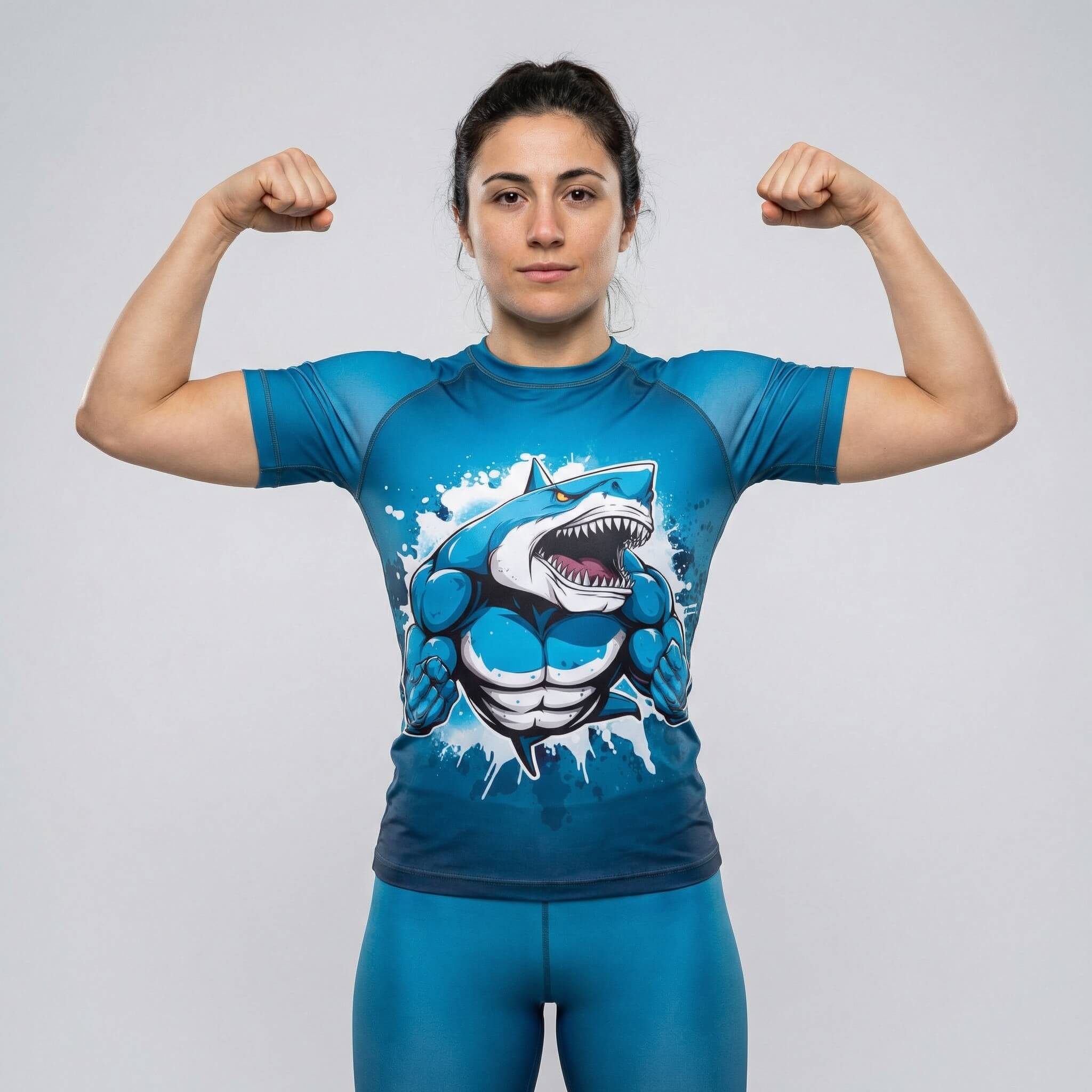 Women’s short sleeve rash guard with Shark Beast design for BJJ and MMA