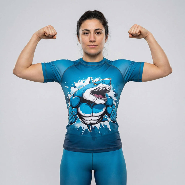 Women’s short sleeve rash guard with Shark Beast design for BJJ and MMA