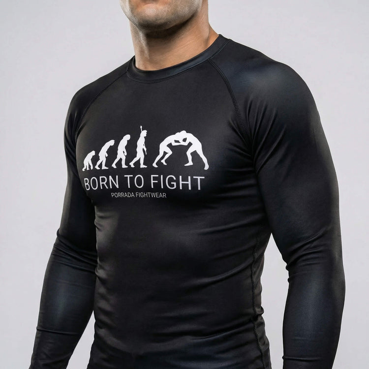 Black athletic long sleeve rash guard with ‘Born to Fight’ graphic, designed for BJJ and MMA training
