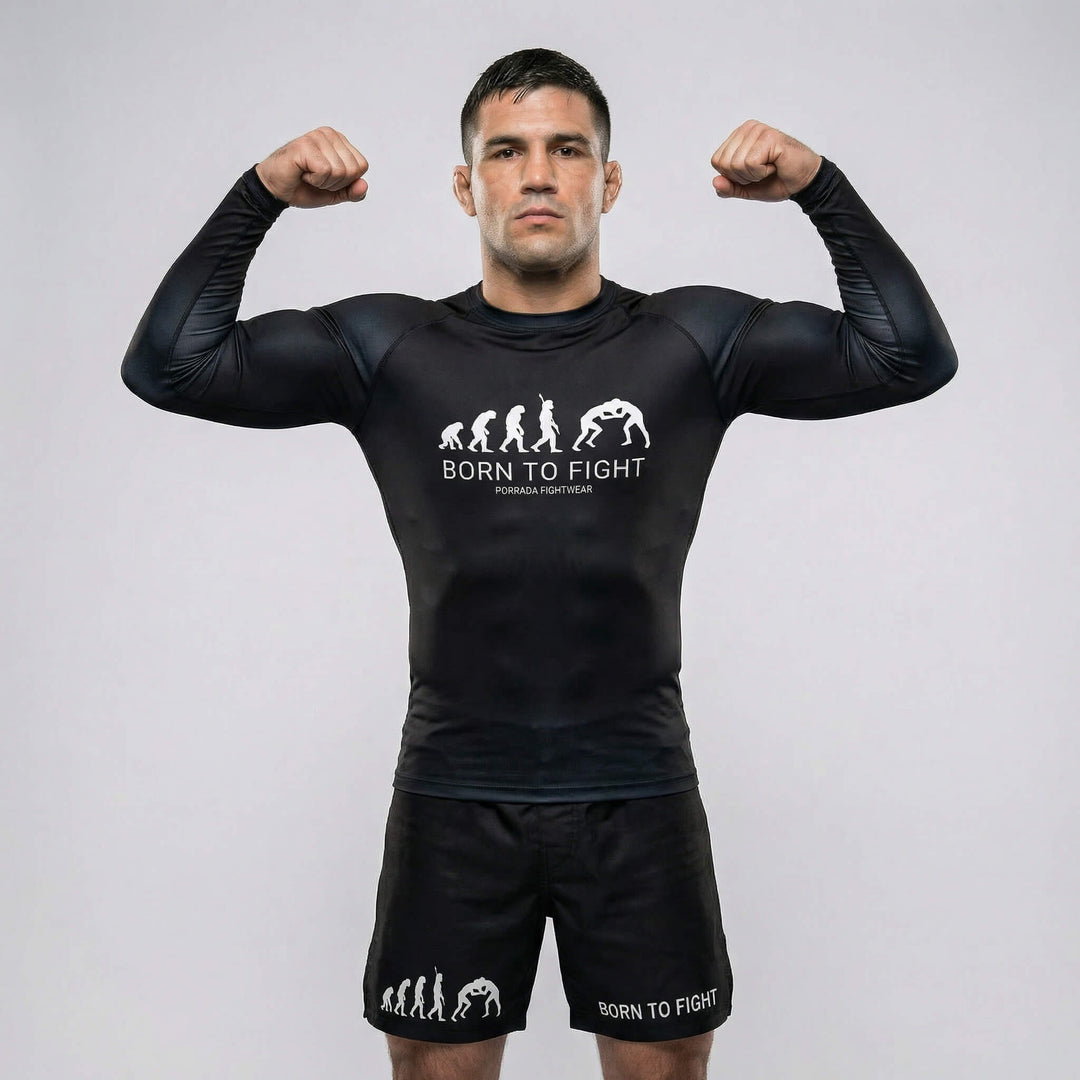 Born to Fight performance black long sleeve rash guard for BJJ and MMA