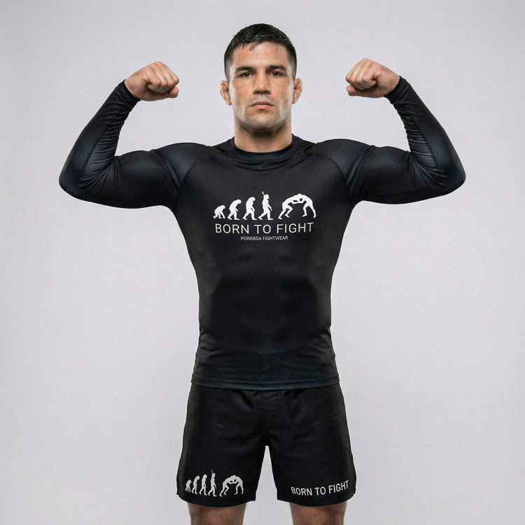 Born to Fight performance black long sleeve rash guard for BJJ and MMA