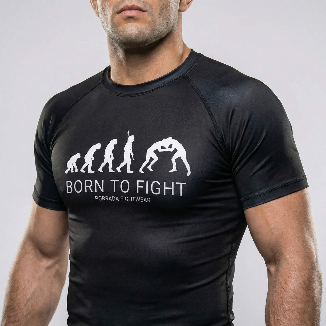 Men’s black short-sleeve rash guard with ‘Born to Fight’ print for BJJ and MMA