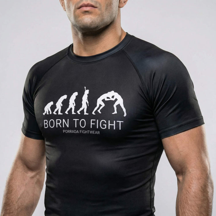 Men’s black short-sleeve rash guard with ‘Born to Fight’ print for BJJ and MMA
