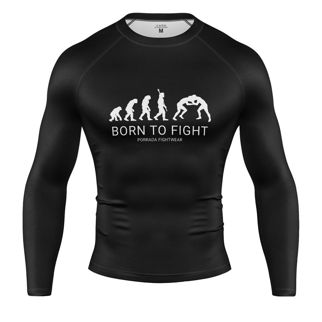 Black long-sleeve rash guard with 'Born to Fight' graphic for BJJ and MMA
