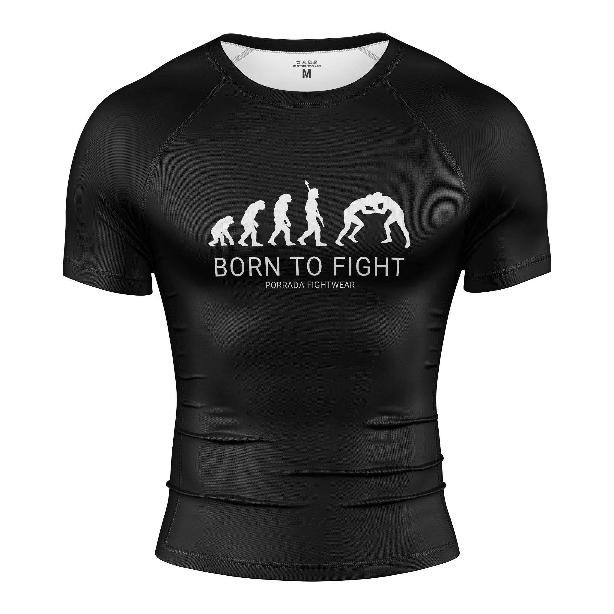 Black athletic short-sleeve rash guard with 'Born to Fight' graphic for BJJ and MMA