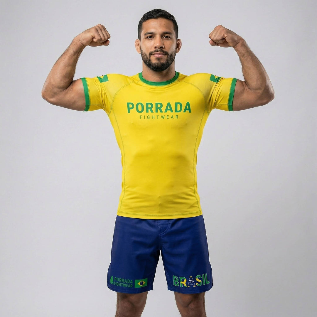 Short sleeve rash guard with Brazil flag designed for BJJ and MMA