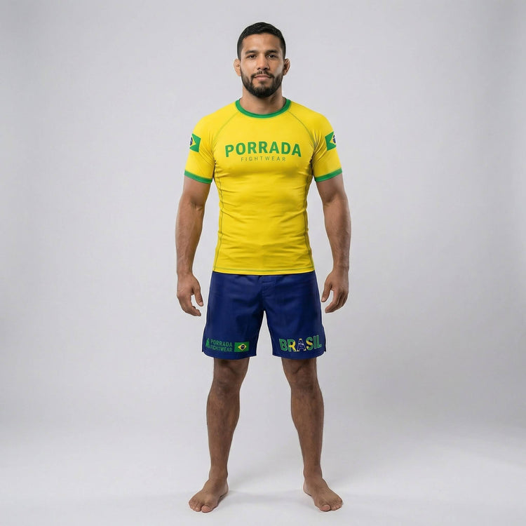 Short sleeve rash guard with Brazil flag designed for BJJ and MMA