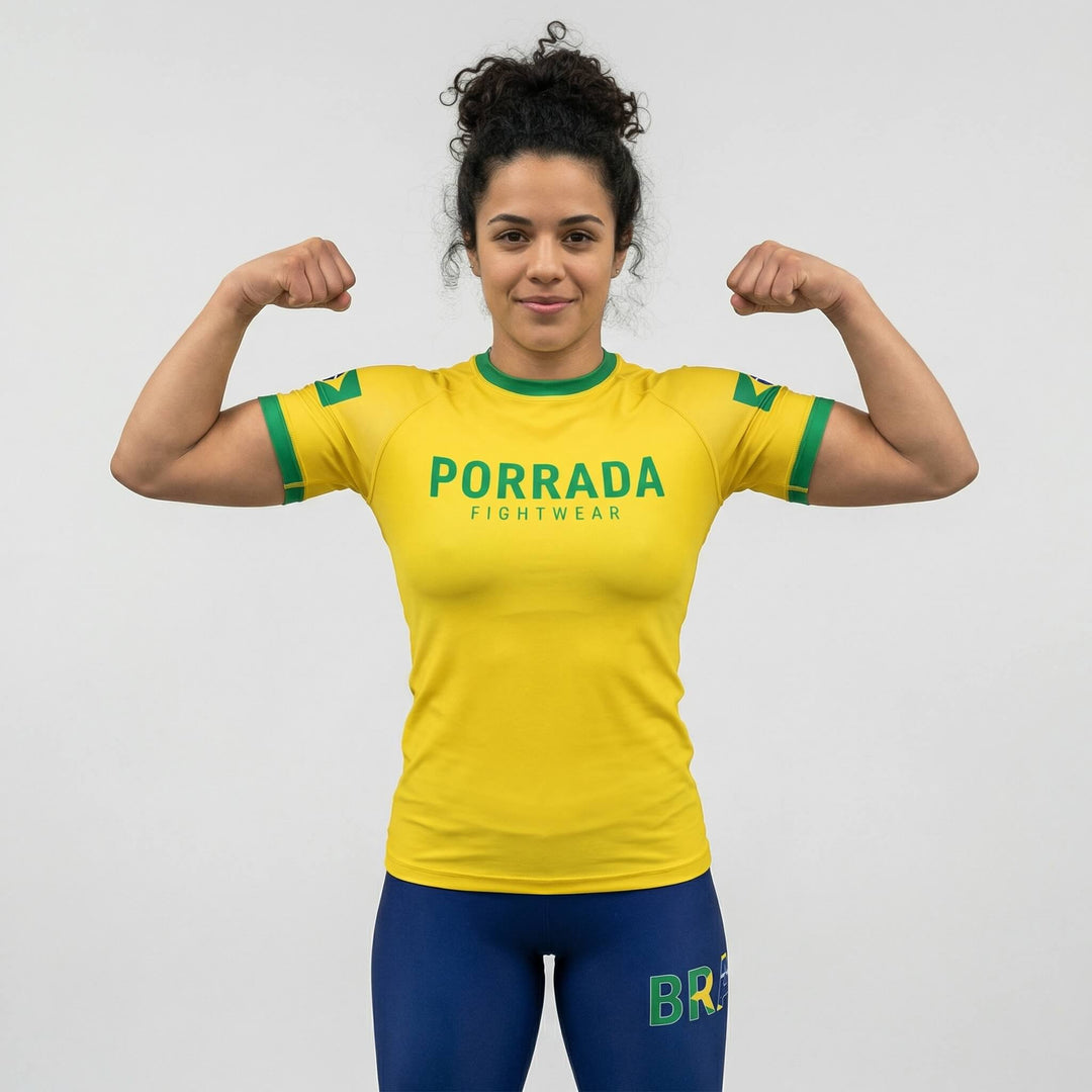 Women’s short sleeve rash guard with Brazil flag designed for BJJ and MMA