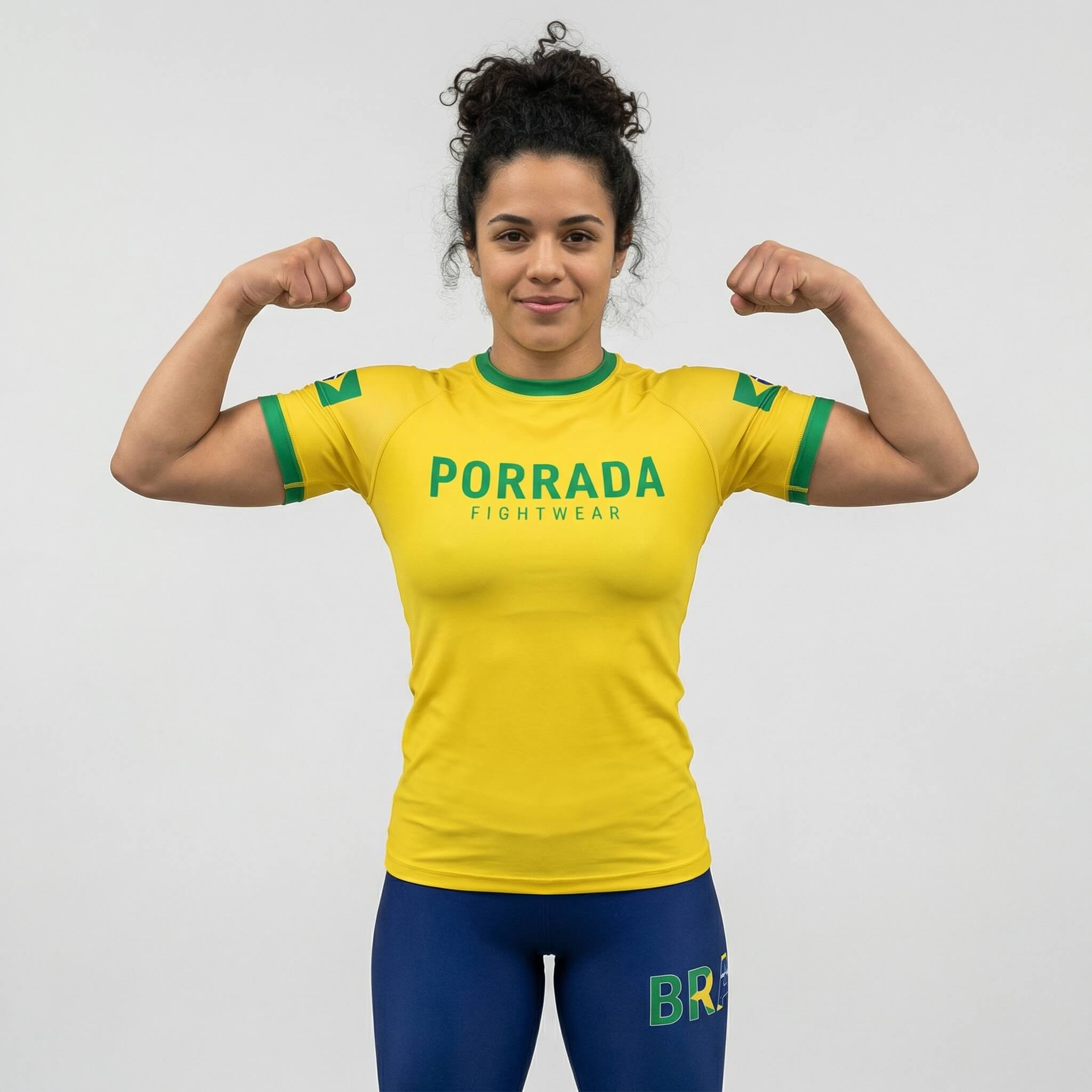 Women’s short sleeve rash guard with Brazil flag designed for BJJ and MMA