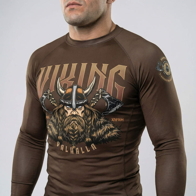 Brown long sleeve rash guard with Viking Warrior print for BJJ and MMA