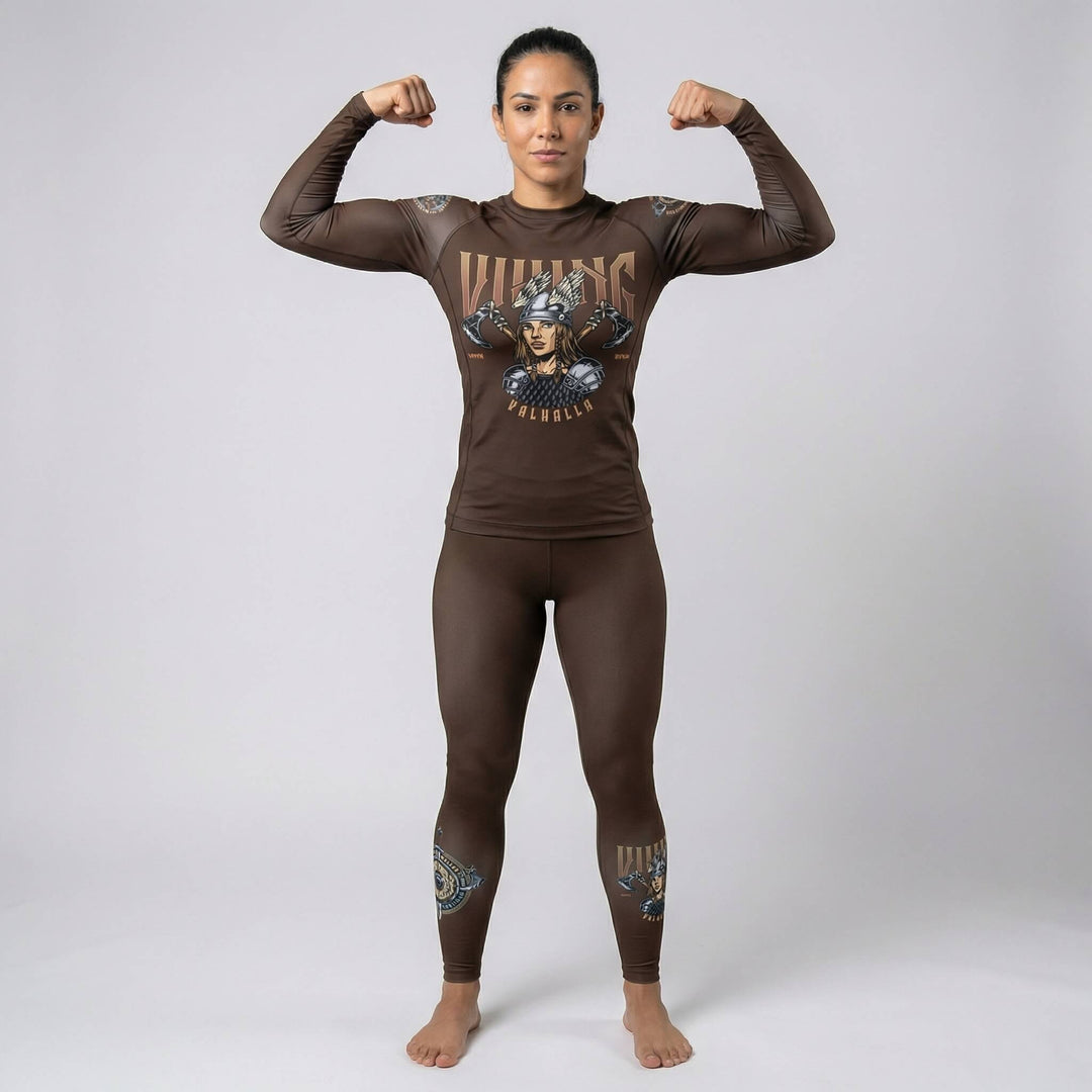 Long-sleeve women’s rash guard featuring Viking Warrior graphic for BJJ and MMA