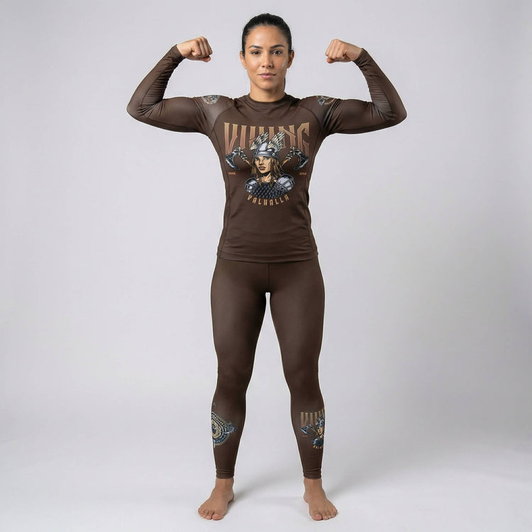 Long-sleeve women’s rash guard featuring Viking Warrior graphic for BJJ and MMA