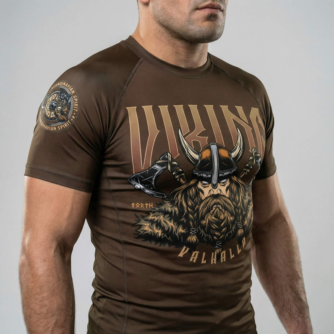 Short sleeve rash guard with Viking Warrior design for BJJ and MMA