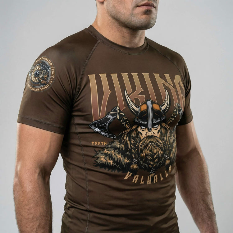Short sleeve rash guard with Viking Warrior design for BJJ and MMA