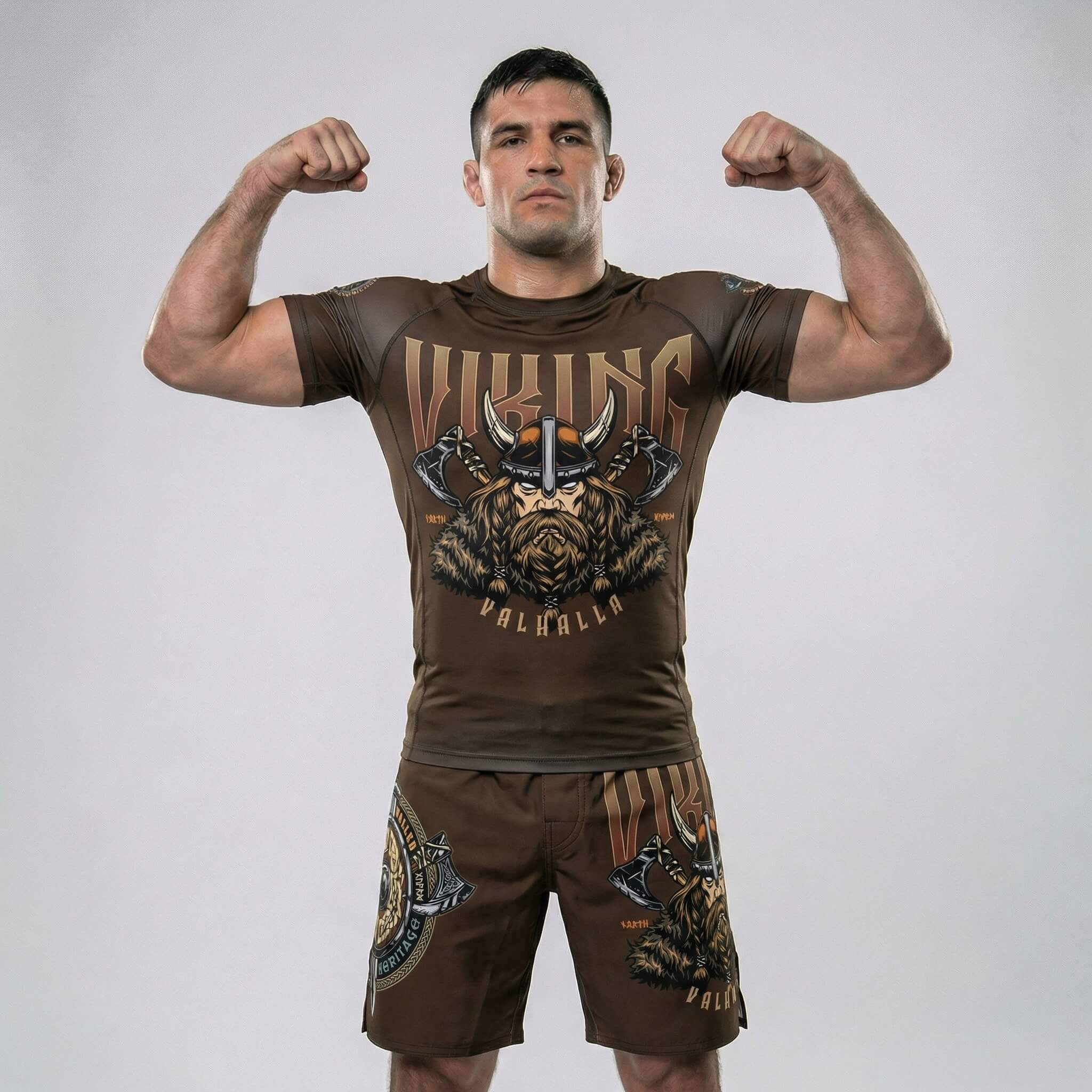 Athletic fight shorts with Viking Warrior graphic for BJJ and MMA