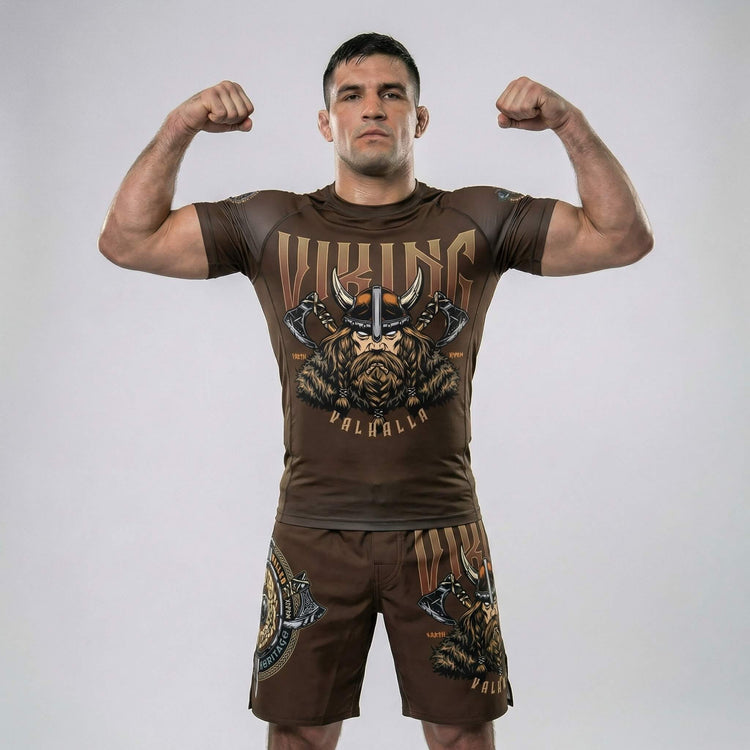 Athletic fight shorts with Viking Warrior graphic for BJJ and MMA