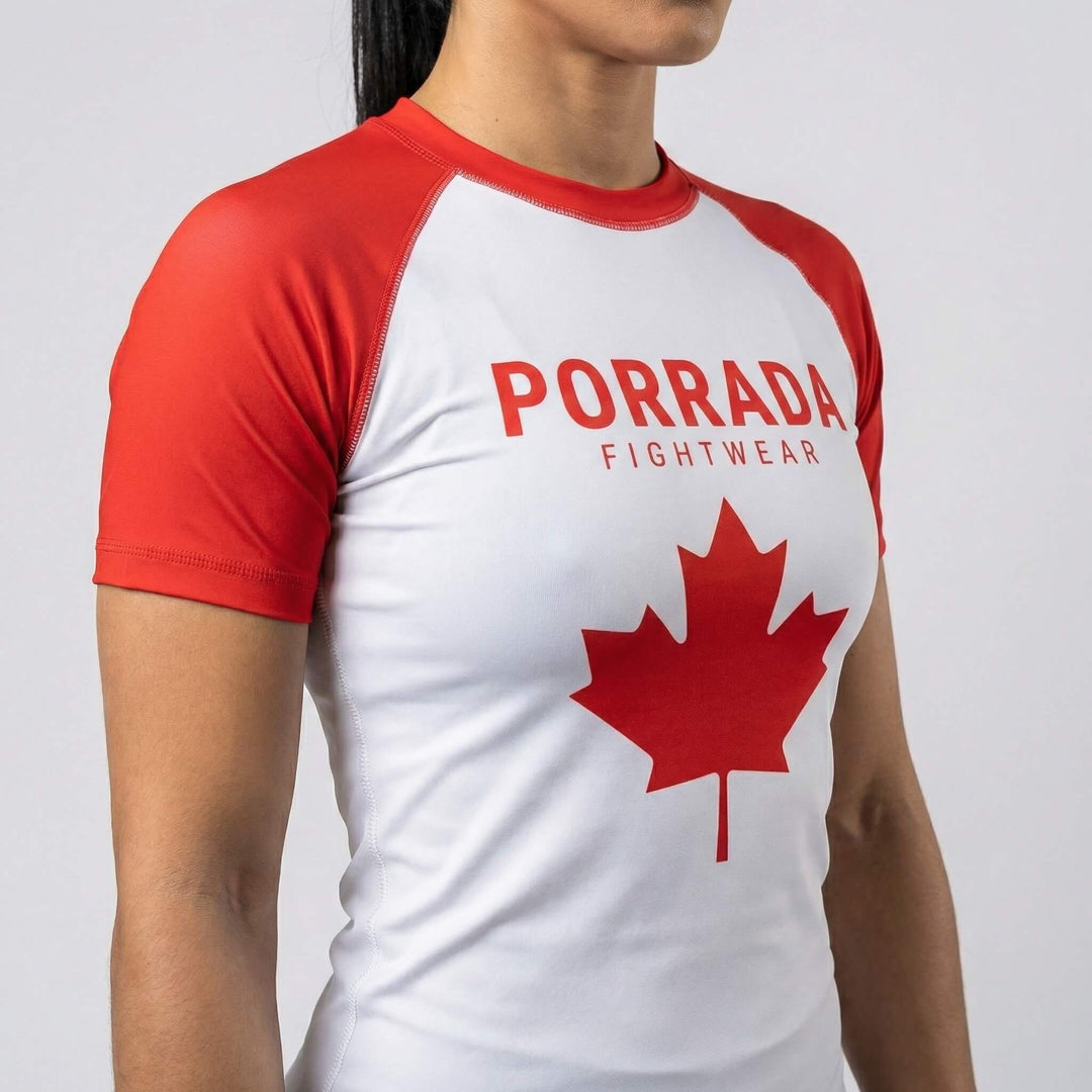 Women’s Canada flag short-sleeve rash guard for BJJ and MMA training