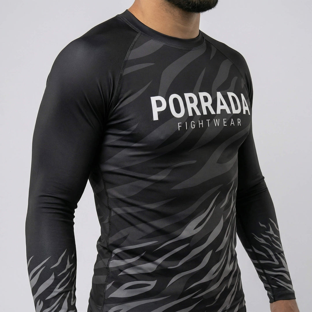 Close view of black belt competition ranked long-sleeve rash guard