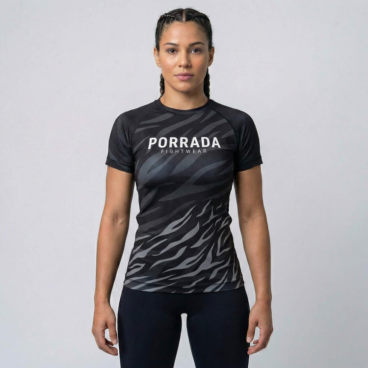 Performance women’s short-sleeve rash guard with Black Belt competition ranking for BJJ and MMA