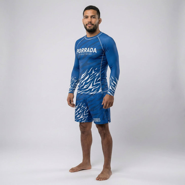 Blue belt ranked rash guard for BJJ and MMA with compression fit