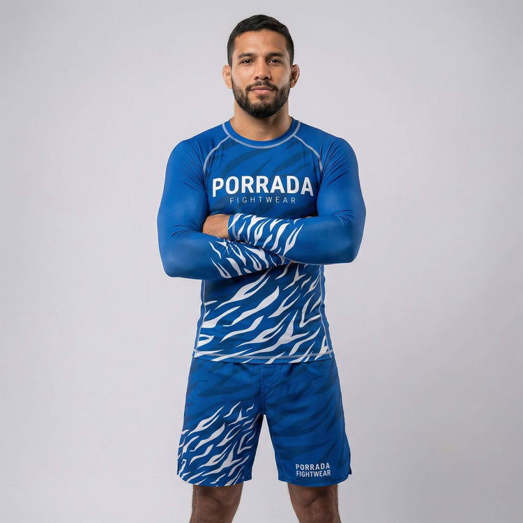 Long-sleeve blue belt competition rash guard