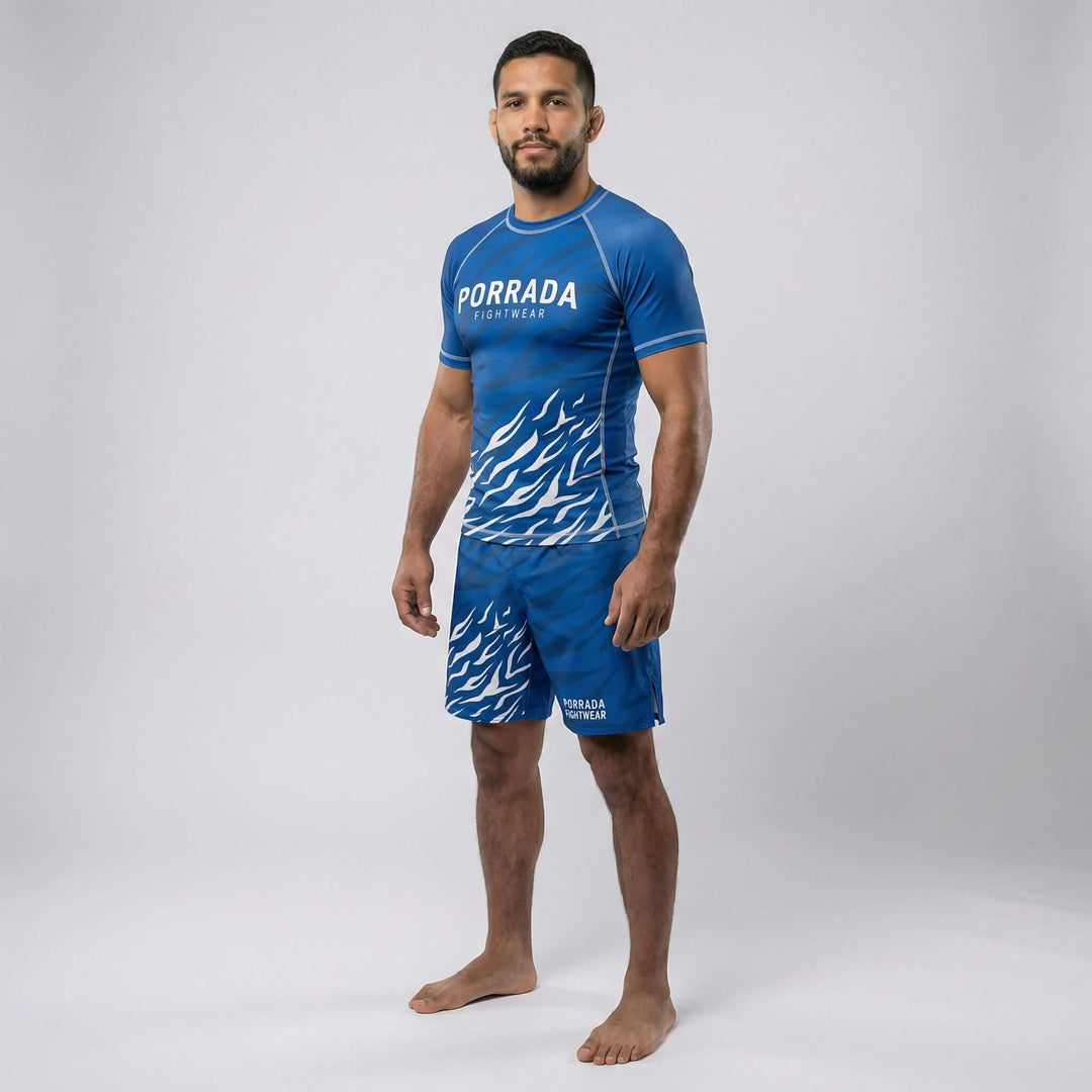 Short sleeve blue belt ranked rash guard for grappling