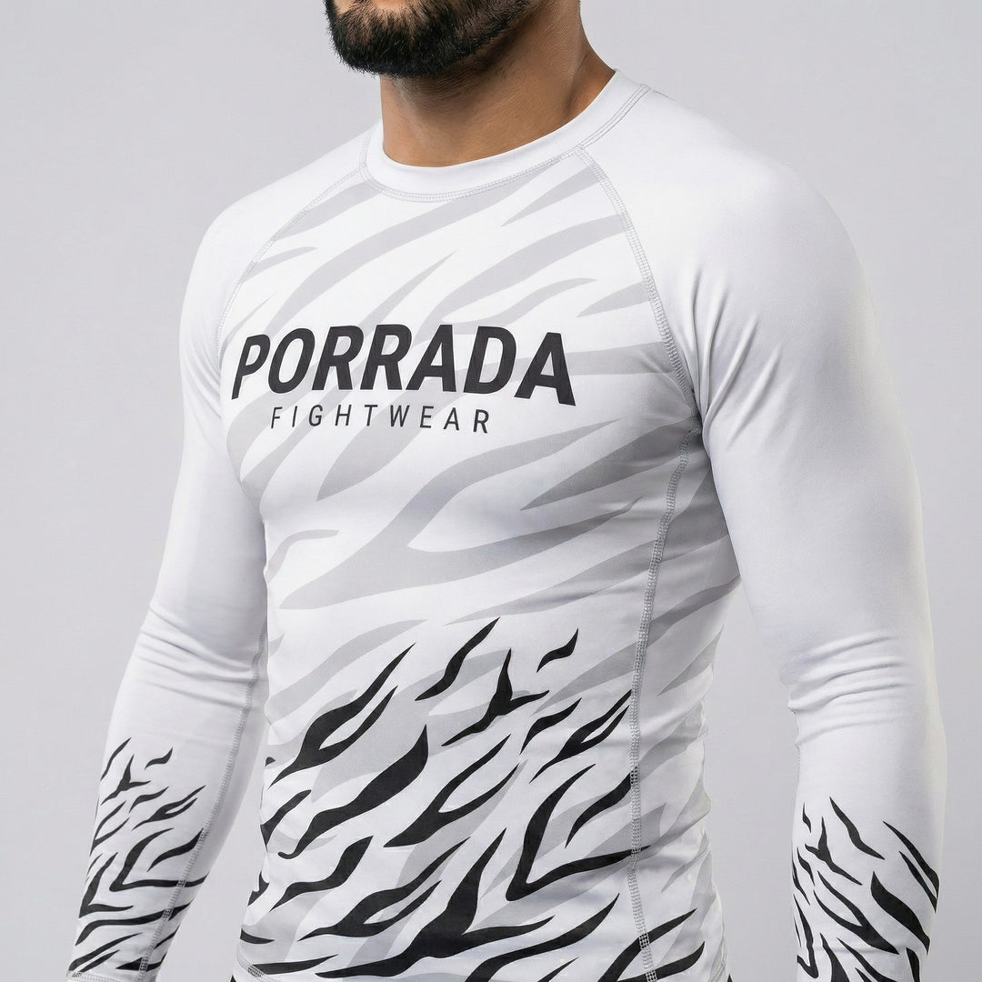 White competition ranked rash guard for BJJ and MMA