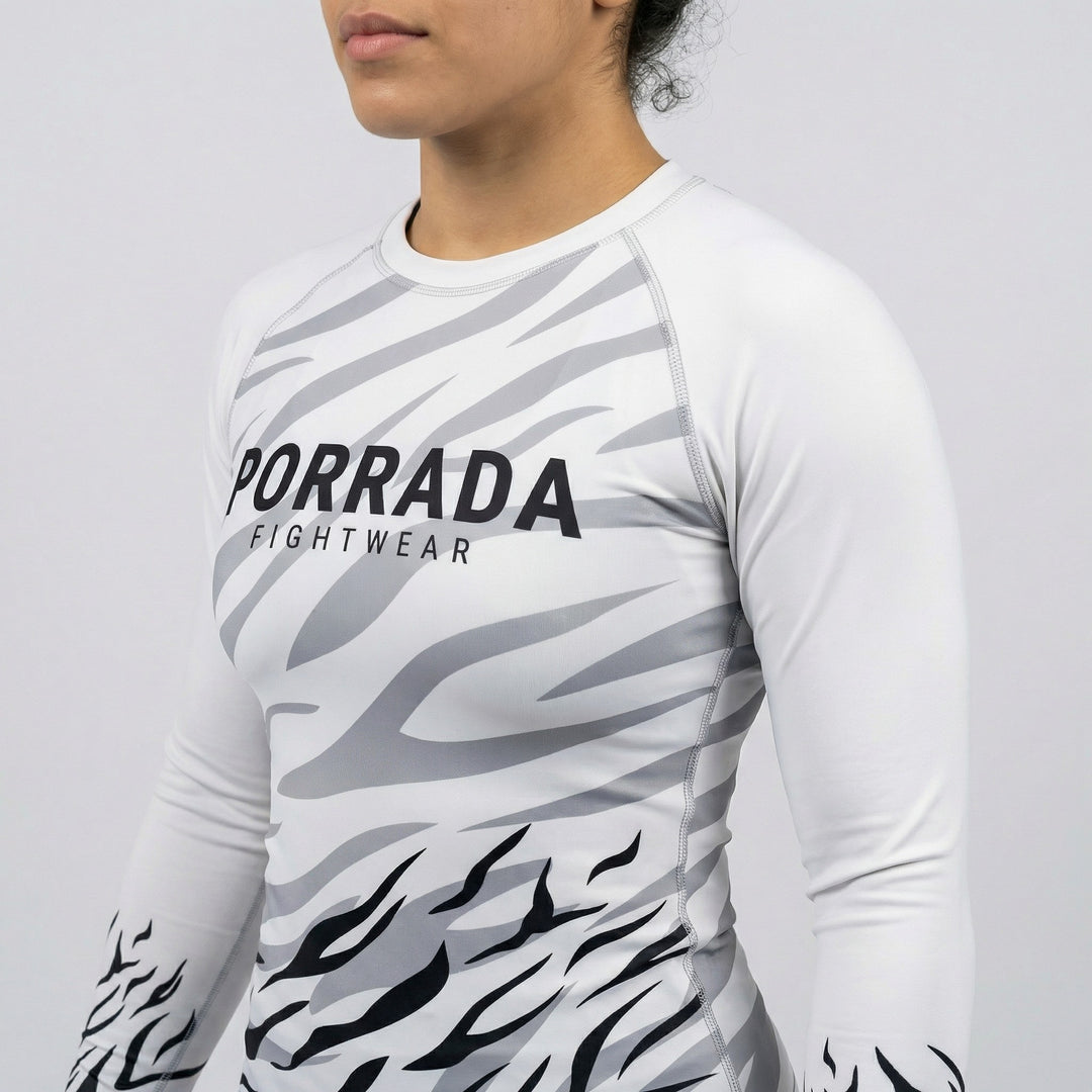 White long-sleeve women's rash guard for BJJ and MMA 