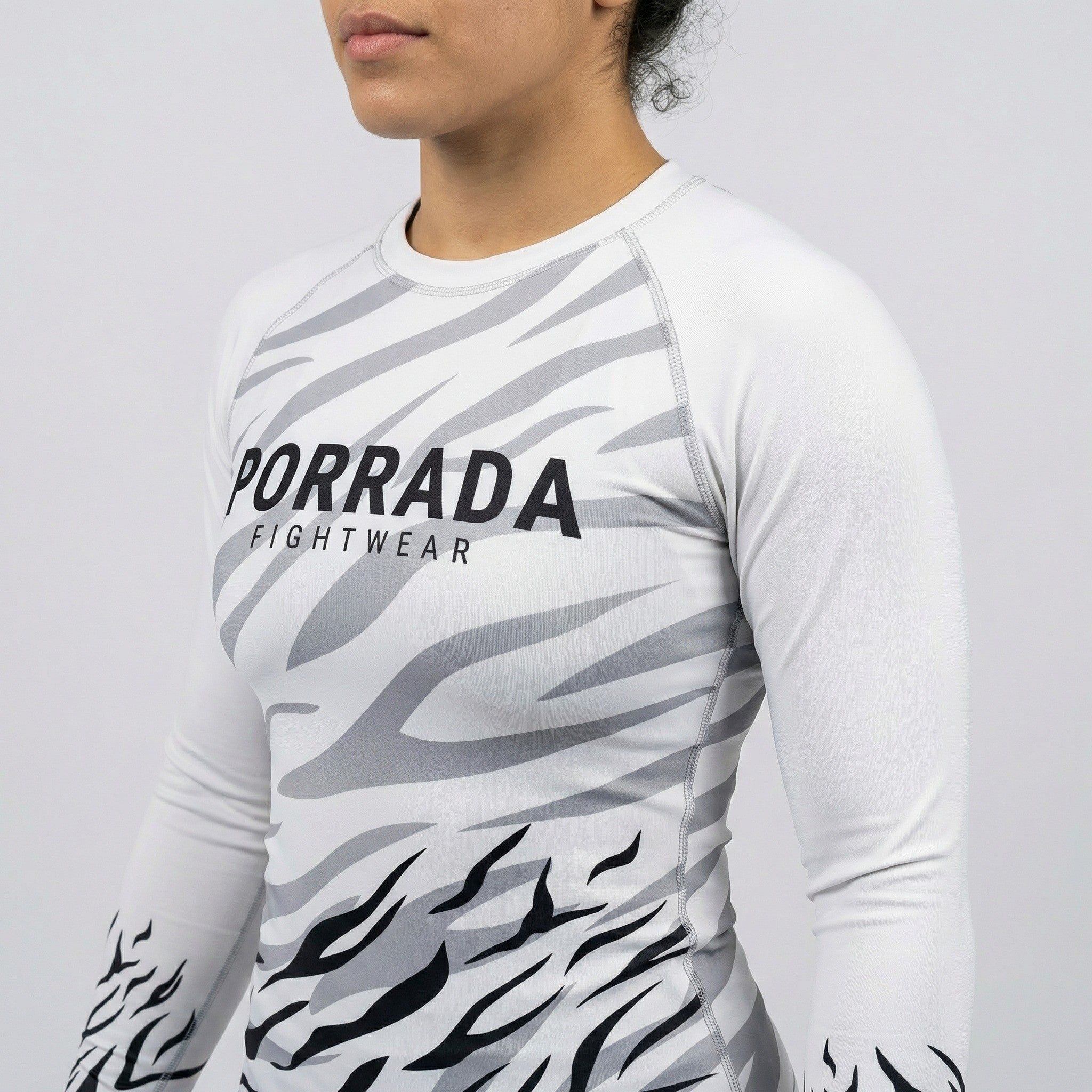 White long-sleeve women's rash guard for BJJ and MMA 