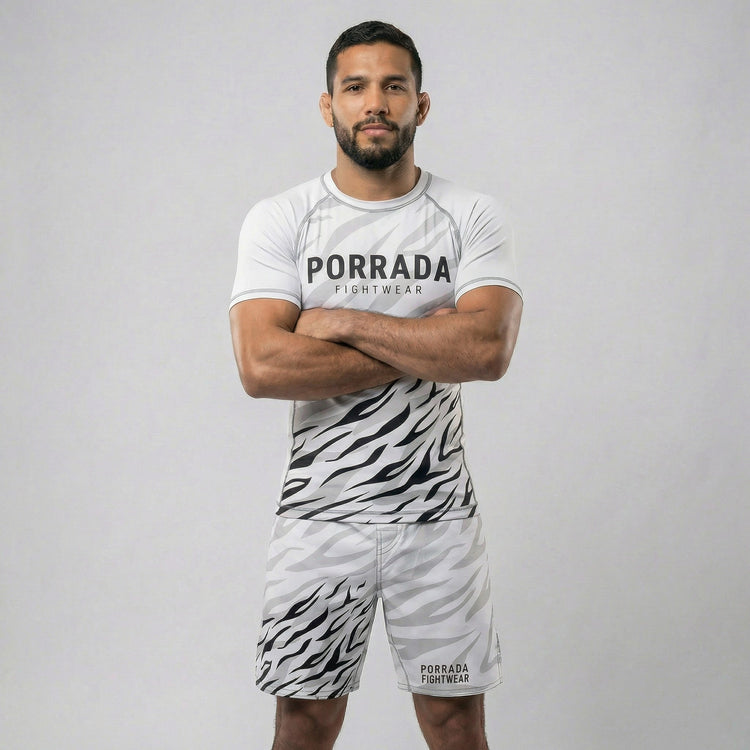 White ranked fight shorts for BJJ and MMA