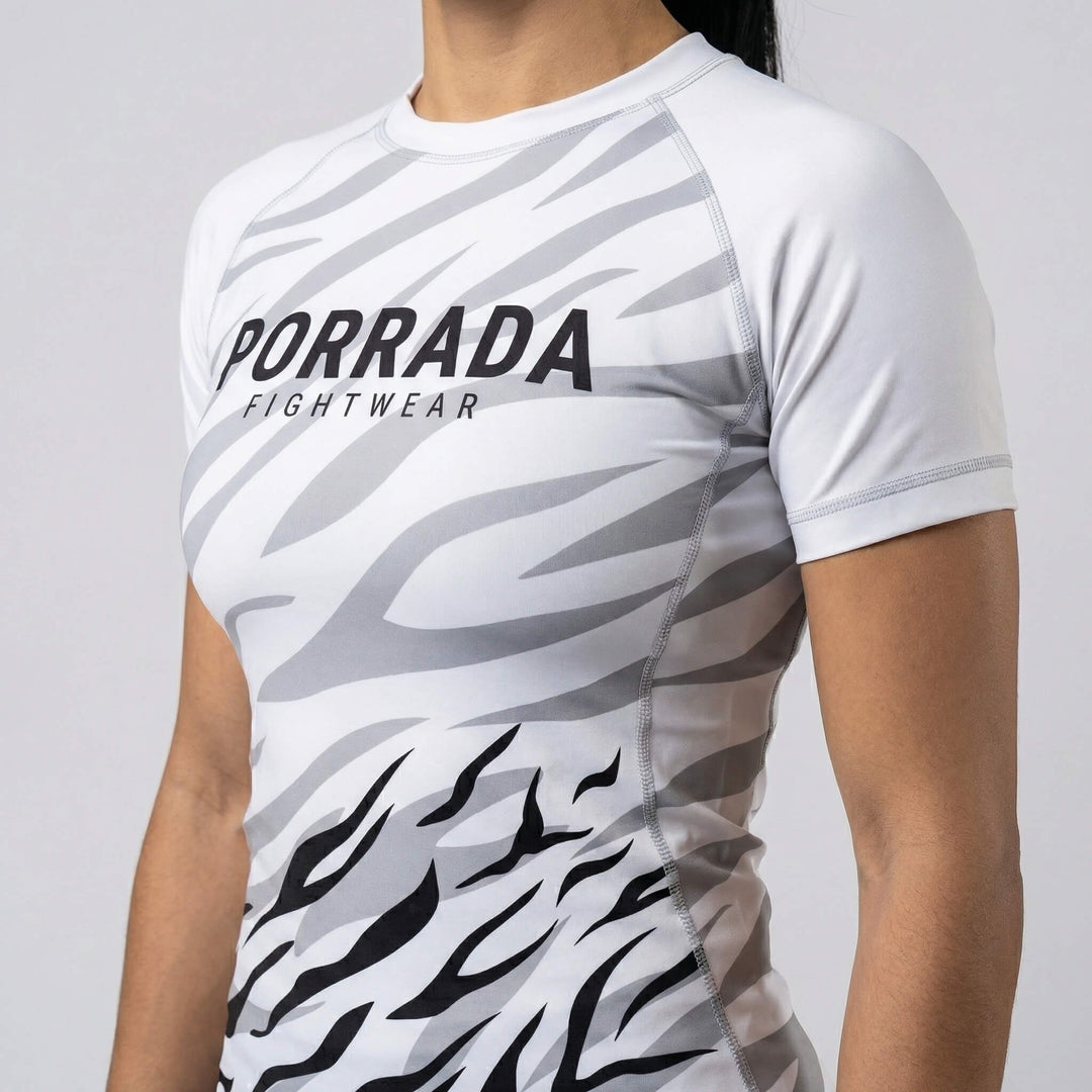 White blet competition ranked rash guard for women BJJ and MMA