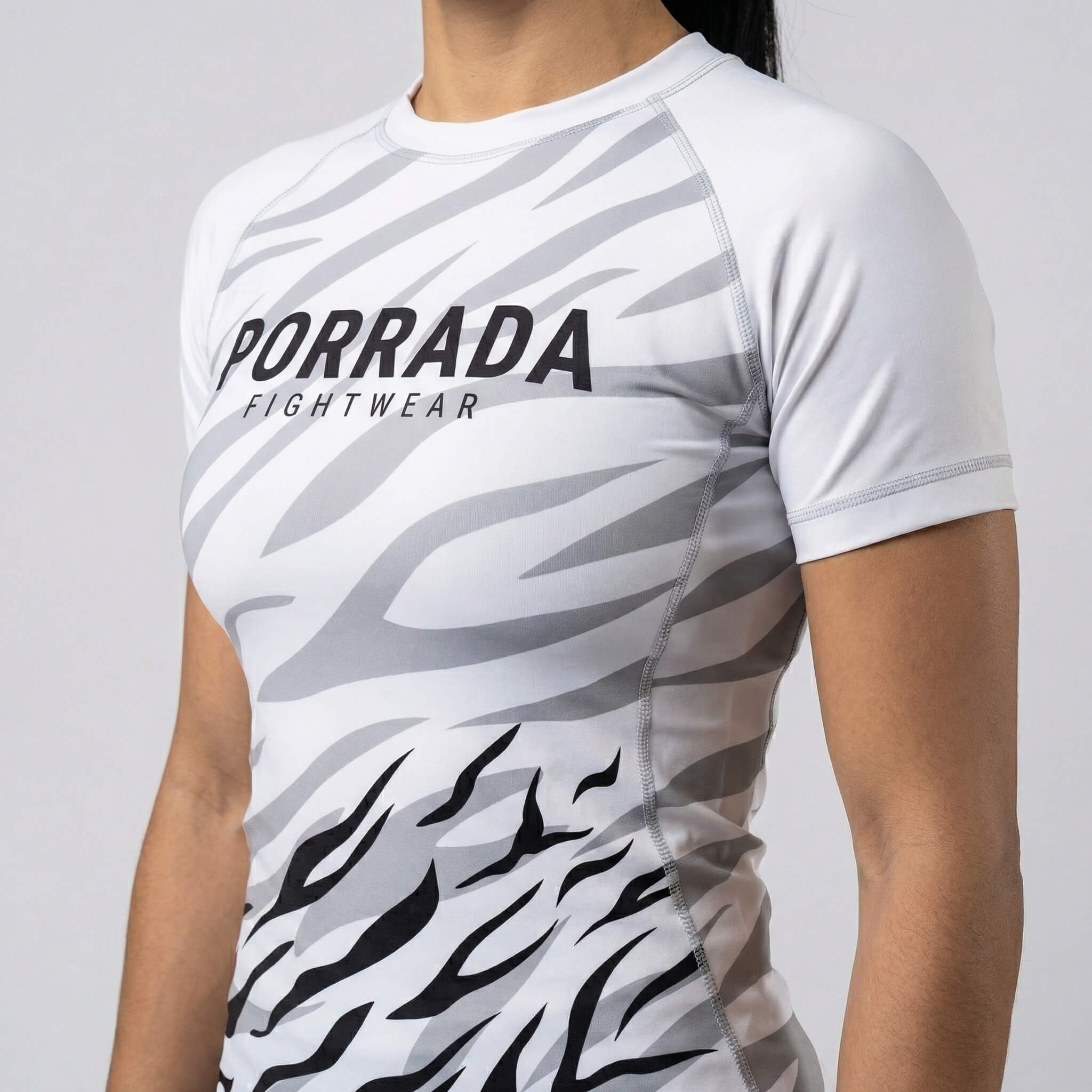 White blet competition ranked rash guard for women BJJ and MMA