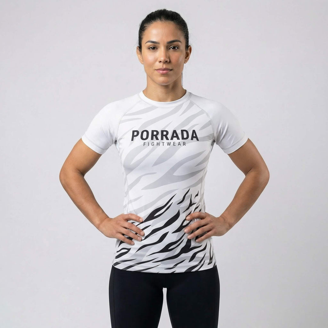 Ranked white belt rash guard for women, ideal for Brazilian Jiu-Jitsu and MMA training