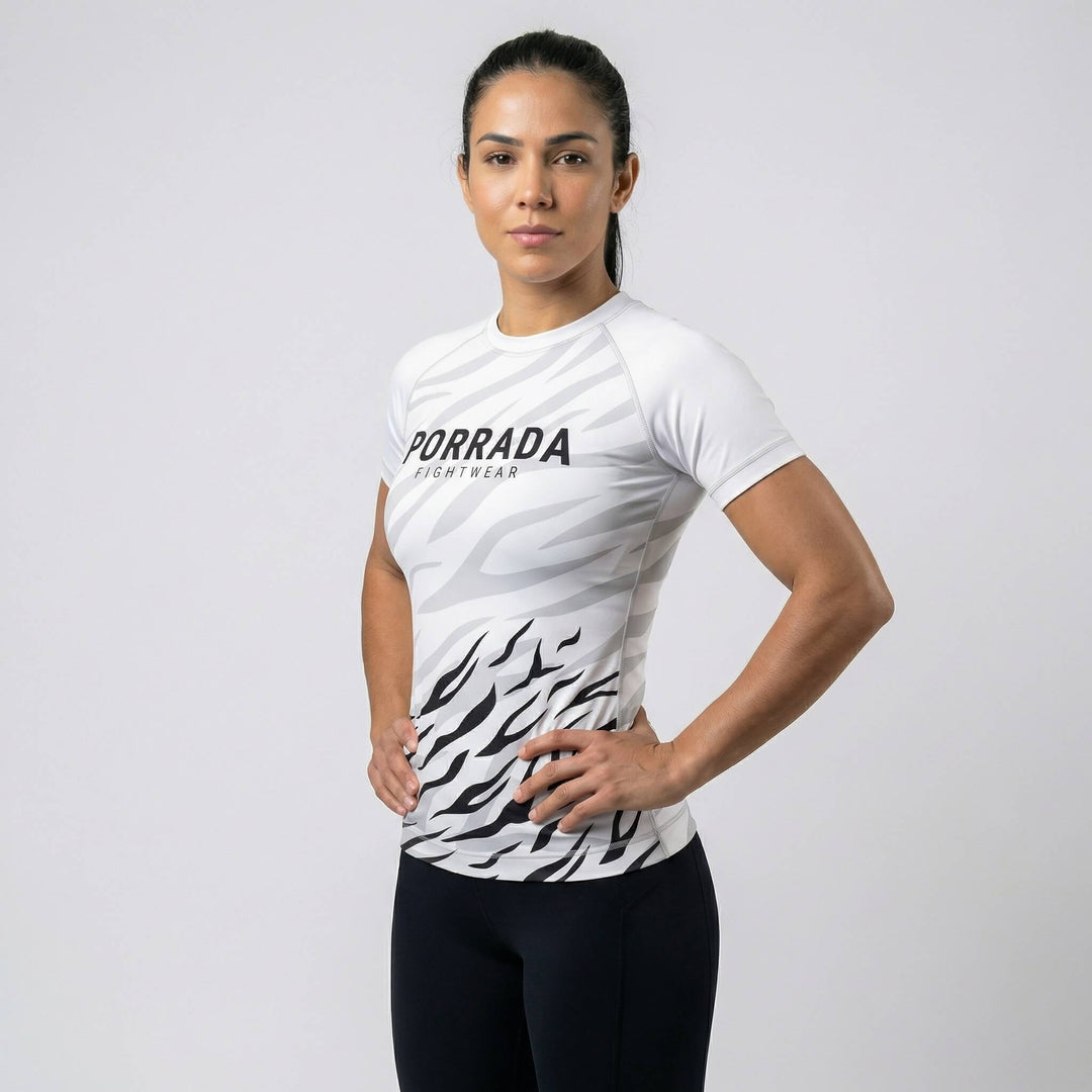 White belt women’s rash guard for Brazilian Jiu-Jitsu and MMA competitions