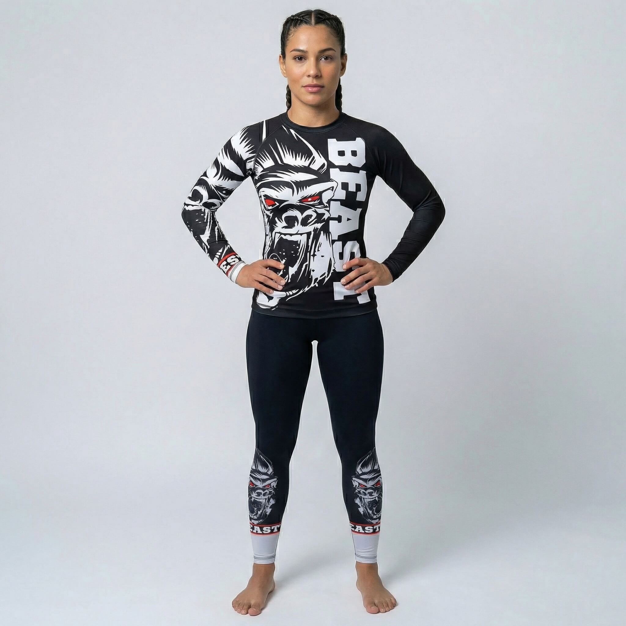 Women’s long sleeve rash guard with Gorilla Beast graphic for BJJ and MMA