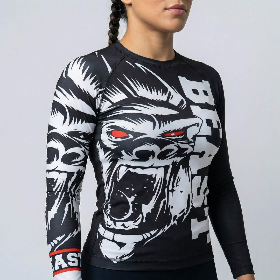 Gorilla Beast women’s long-sleeve rash guard with bold graphic design for BJJ and MMA