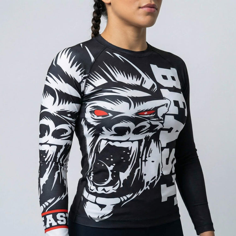 Gorilla Beast women’s long-sleeve rash guard with bold graphic design for BJJ and MMA