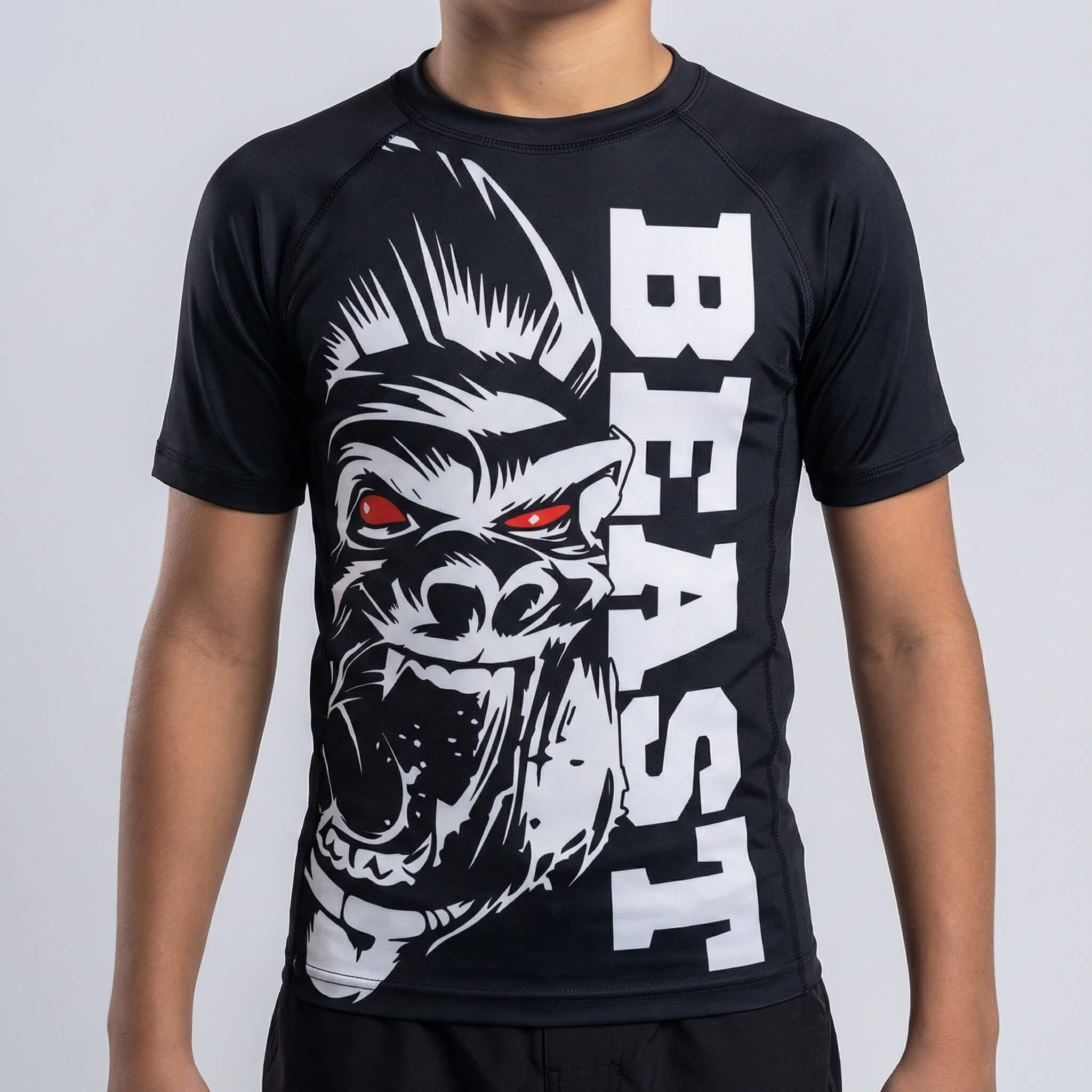 Kids' short-sleeve rash guard with gorilla beast graphic for BJJ and MMA 