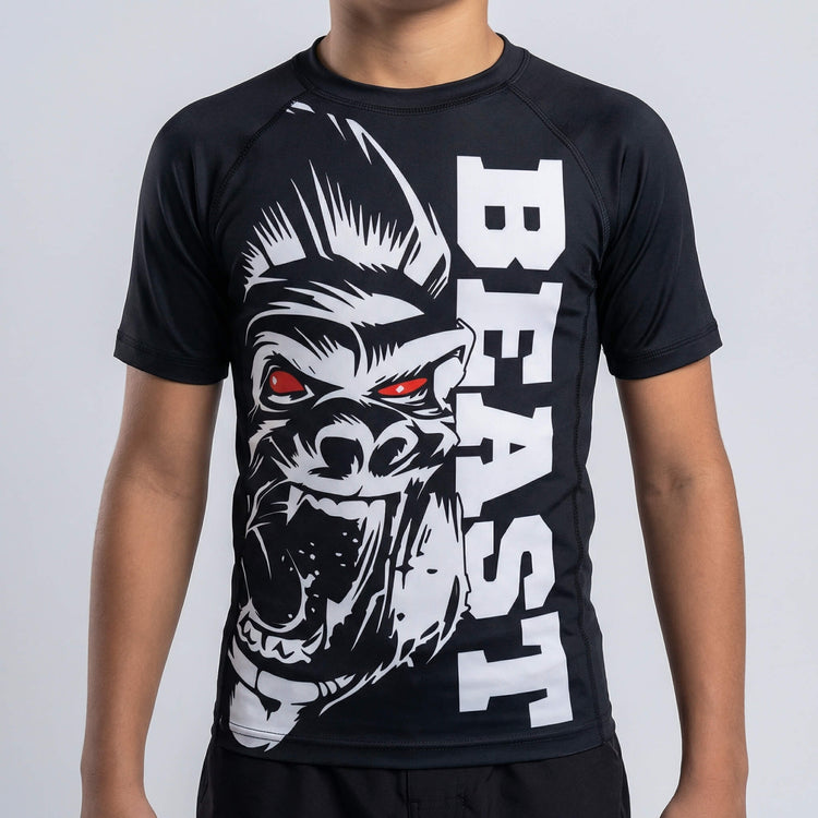 Kids' short-sleeve rash guard with gorilla beast graphic for BJJ and MMA 